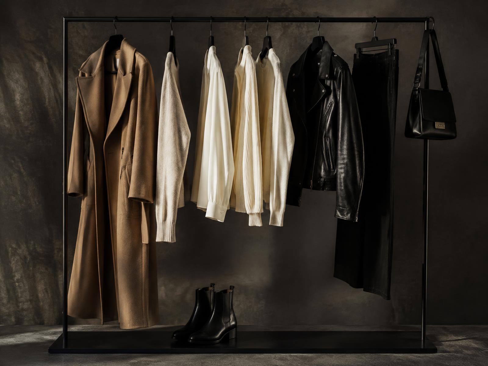Clothing rail with a camel coat, cream knits, a leather jacket and black boots